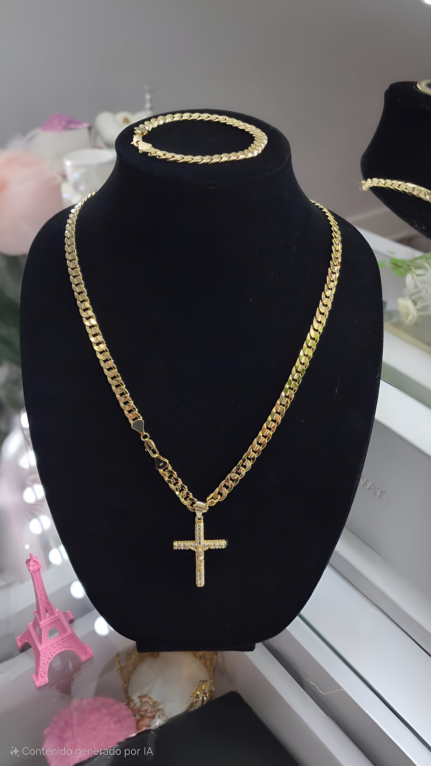 Conjunto Unisex de Cadena y Pulsera Cubana Cóncava Laminadas en Oro de 14K con Dije de Cristo - Accesorios de Estilo y Espiritualidad