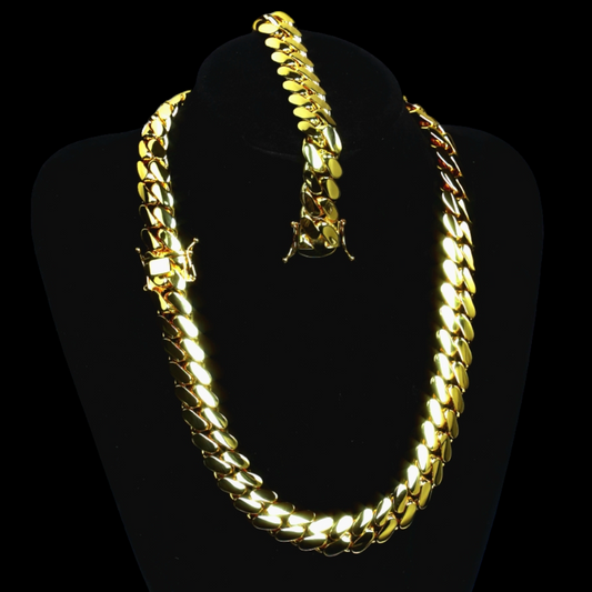 14K Gold Plated Cuban Link Chain and Bracelet Set