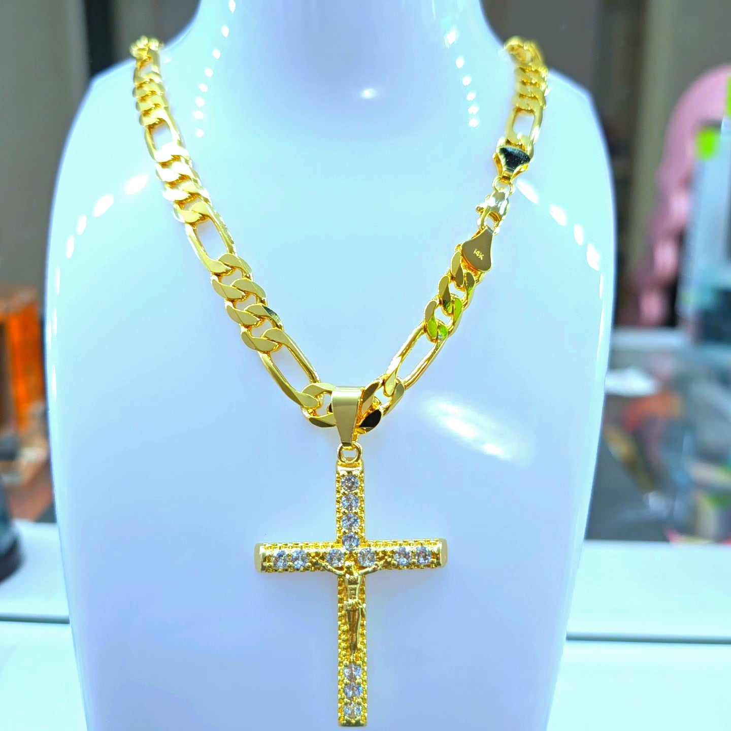 14K Gold-Plated Figaro Chain with Jesus Pendant