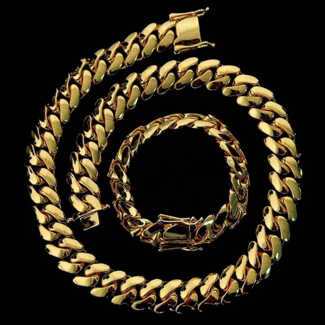 14K Gold Plated Cuban Link Chain and Bracelet Set