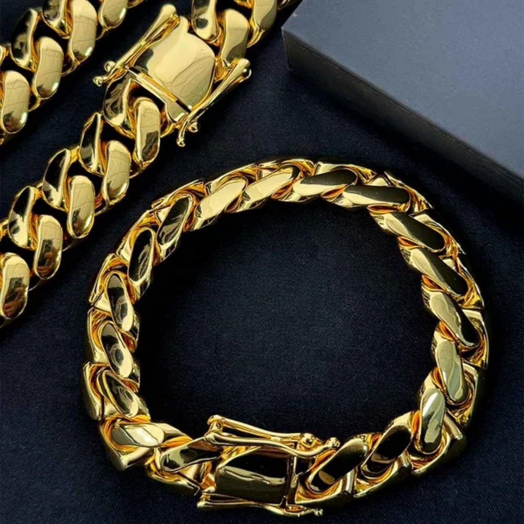 14K Gold Plated Cuban Link Chain and Bracelet Set